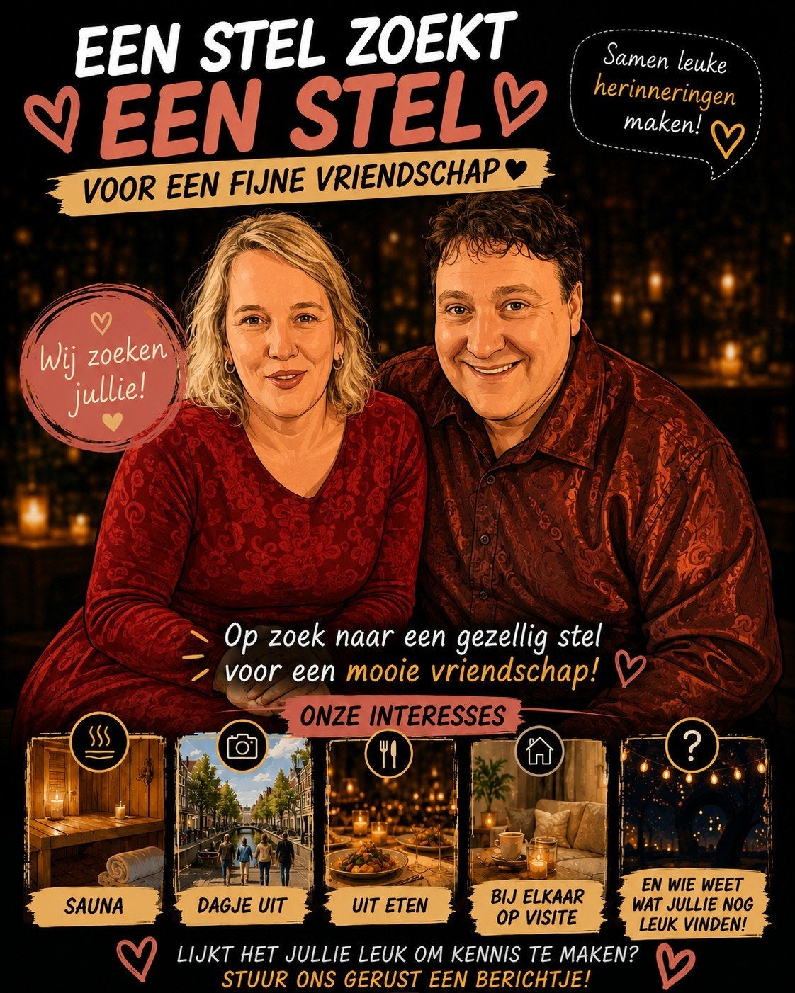 Stel zoekt ander stel voor een fijne vriendschap.
