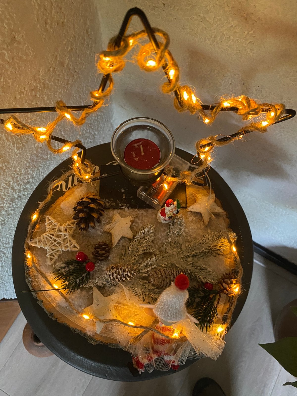Zelfbemaakt kerststuk met ster waxinelicht en engel, Ophalen, Nieuw
