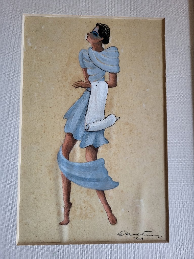 Vintage aquarel /Modeschets, croquis/ vrouw /gesigneerd 1941, Antiek en Kunst, Figuren, Aquarel, Papier/karton, Ophalen of Verzenden