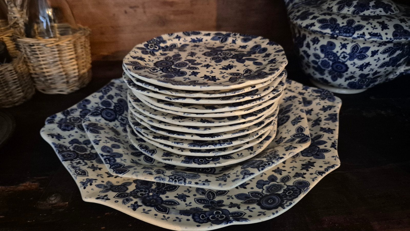 antiek 13 dlg Maastricht Beatrix Servies - Blauw Bloemenpatr, Ophalen of Verzenden