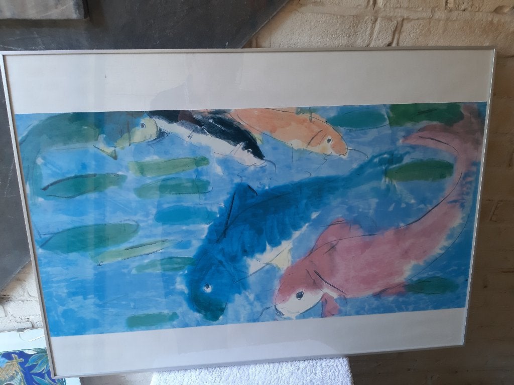 Walasse Ting zeefdruk vissen; reproductie. bekend kinderboek, Antiek en Kunst, Ophalen, Abstract, Overige ondergronden, Achter glas