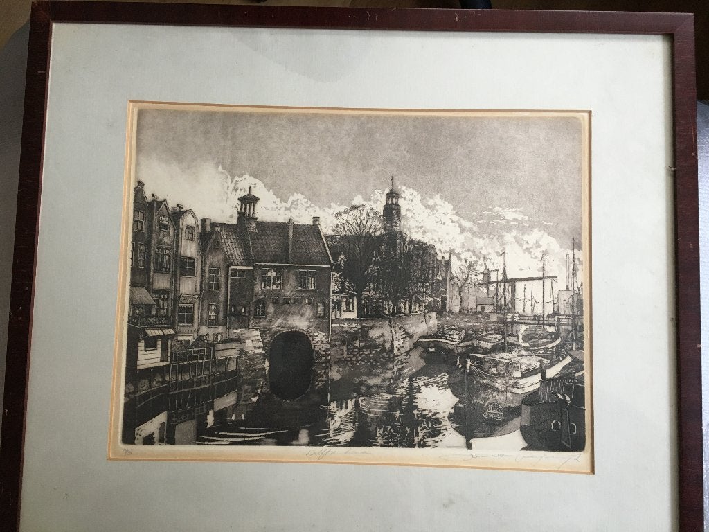 Ets Delftse haven - geen giclée- Jan van Rijsewijk (1954), Antiek en Kunst, 33 cm, 25 cm, Stadsgezicht, Ophalen of Verzenden