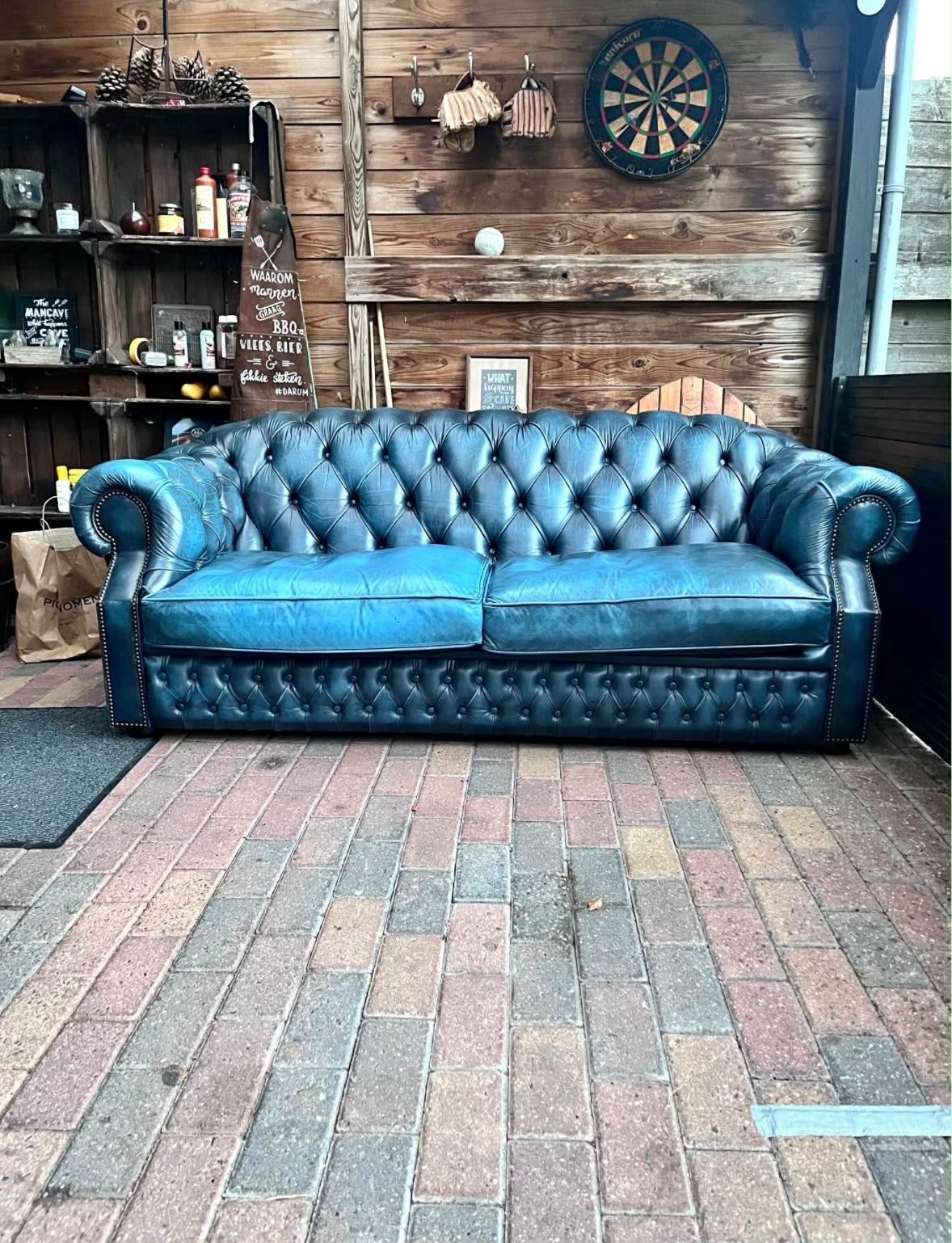 Chesterfield 2-zitsbank in blauw leer, Ophalen, Gebruikt, 150 tot 200 cm, Tweepersoons