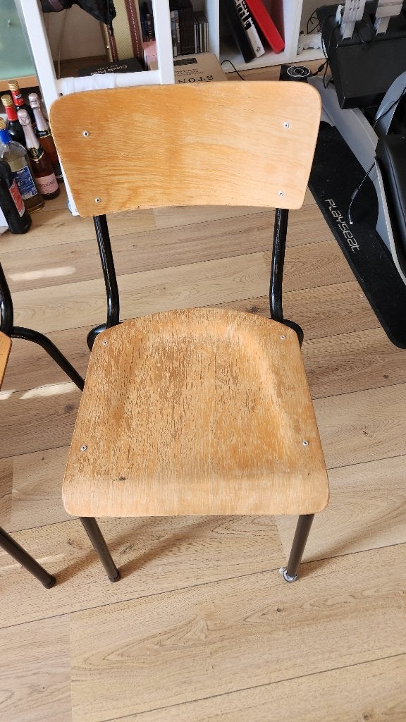 4 Vintage schoolstoelen, Ophalen, Gebruikt, School, Bruin