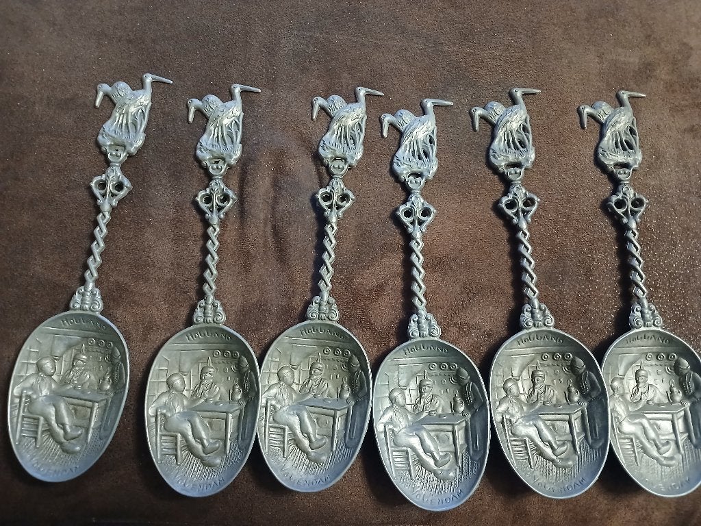 6 antiek tinnen lepels Holland Volendam - ooievaars,22cm, Ophalen of Verzenden