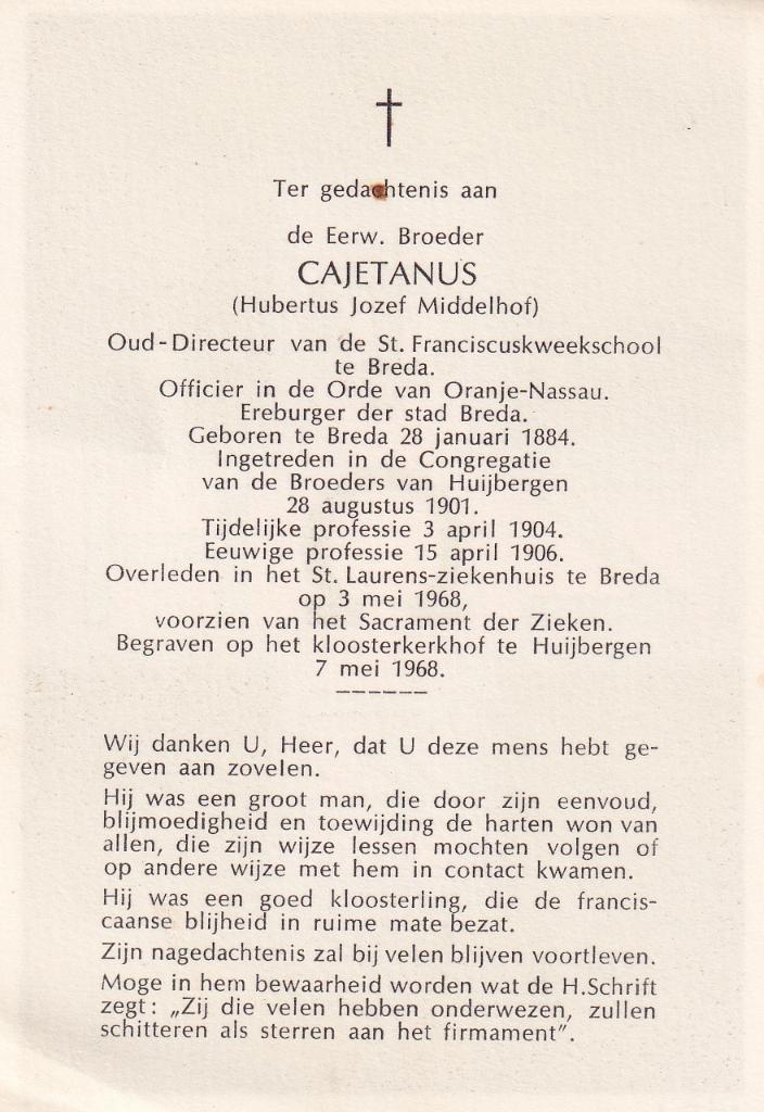 Middelhof Hubertus 1884 Breda 1968  priester, Ophalen of Verzenden, Bidprentje