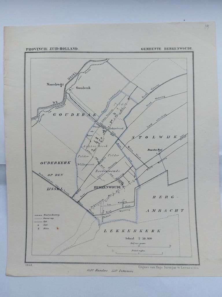 19 / Berkenwoude Gouderak Moordrecht Litho 1868 J. Kuyper, Ophalen of Verzenden