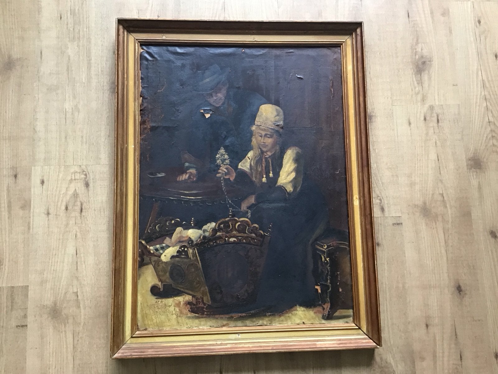 Oud olieverfschilderij: Man, vrouw en wieg, Doek, Portret of Personen, Ophalen of Verzenden, Olieverf