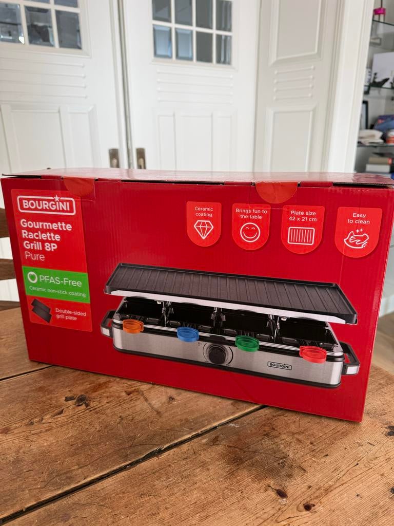 BOURGINI Gourmette Raclette Grill 8P Pure - Nieuw, Ophalen of Verzenden, Zo goed als nieuw, 8 personen of meer