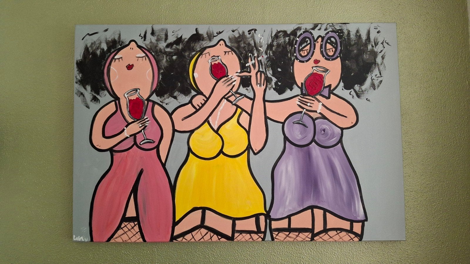 Schilderij 'Dikke Dames' 80x120 cm, Antiek en Kunst, Ophalen, Handgeschilderd, Textiel, Figuren