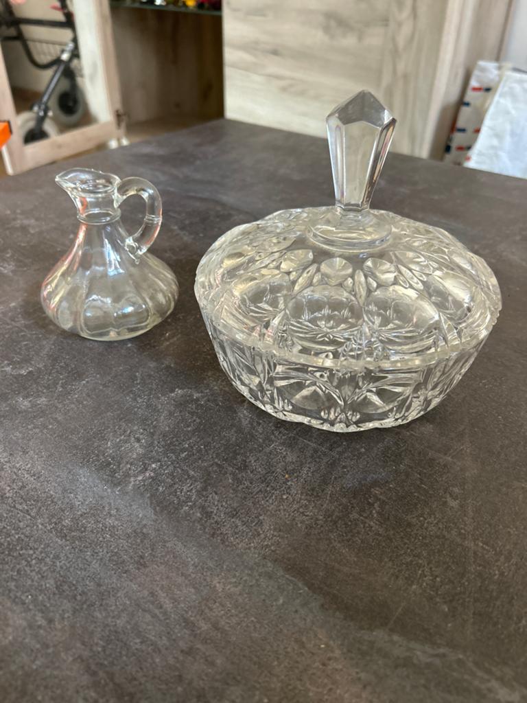 Vintage glazen suikerpot en melkkannetje, Ophalen of Verzenden