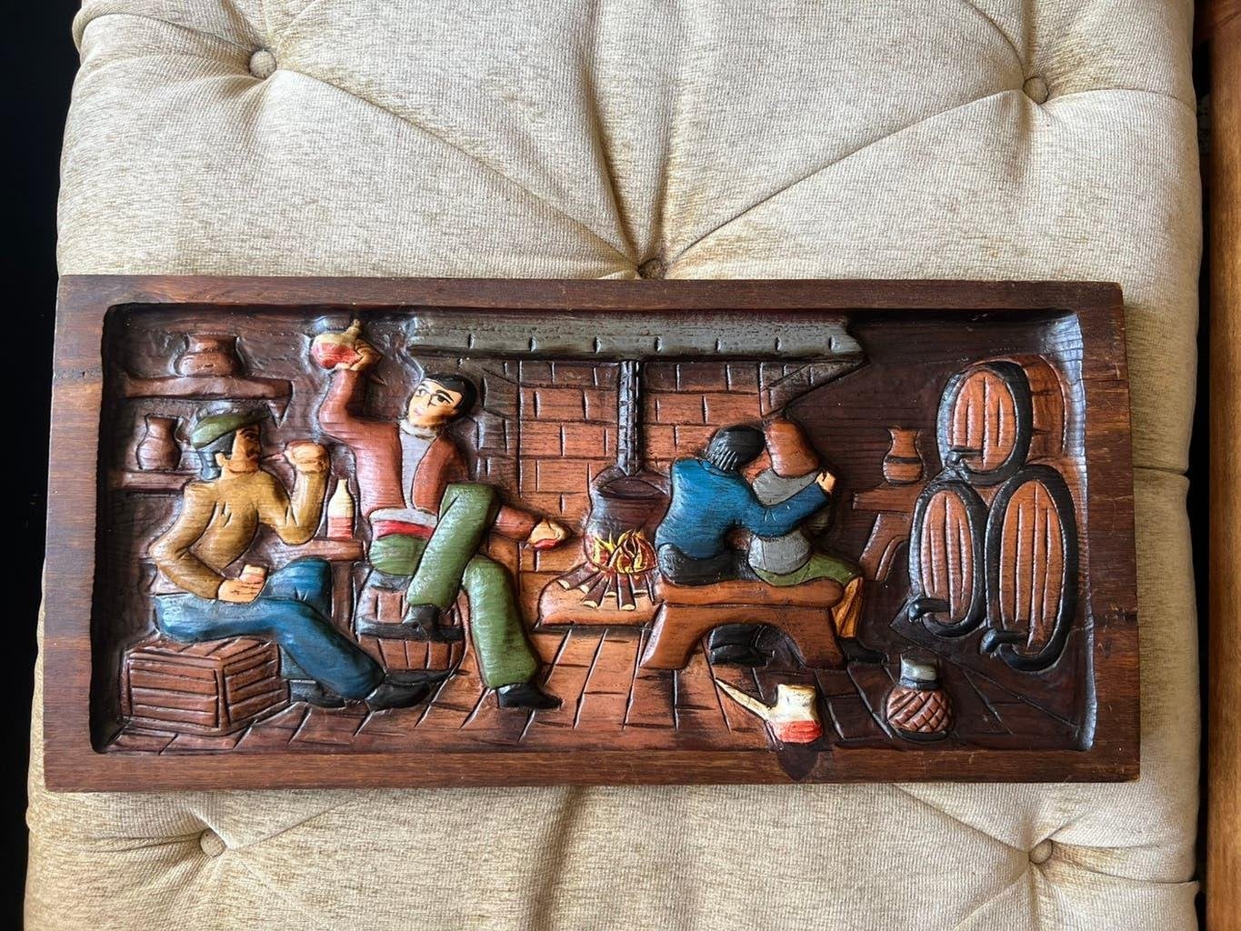 Vintage Handgemaakt / Paneel / Houtsnijwerk Wandbord., Ophalen of Verzenden, Hout, Beschilderd, Houtsnijwerk