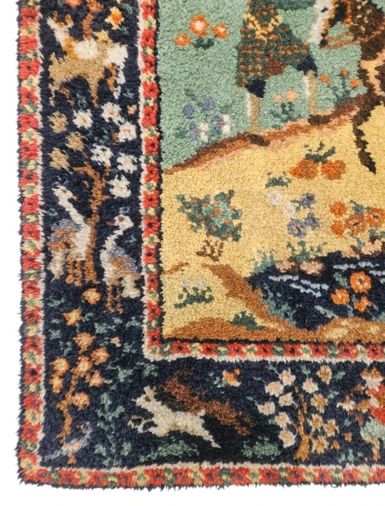 Handmade vintage wool Smyrna wandtapijt forest walk 91x146cm, Huis en Inrichting, Stoffering | Tapijten en Kleden, Crème, 100 tot 150 cm