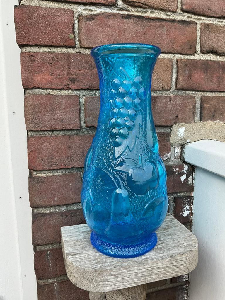 Mooie vaas of karaf v turquoise blauw Empoli glas. Met fruit, Ophalen of Verzenden