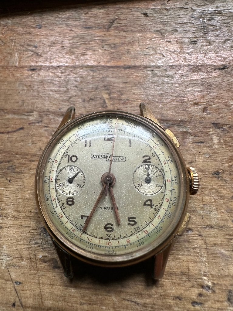 vintage Charles Nicolet landeron 39 chronograph, Overige merken, Verzenden, Polshorloge, Leer