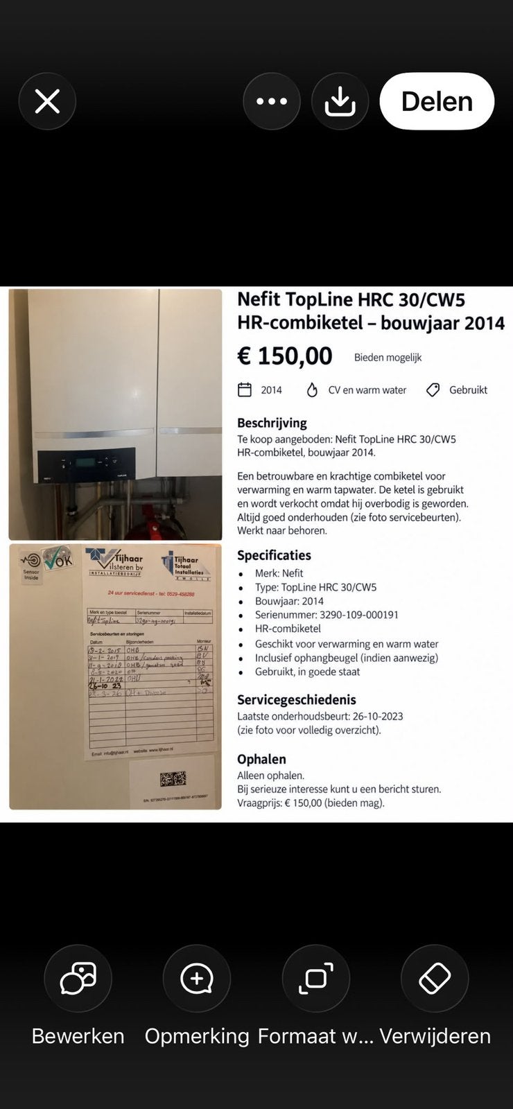 Nefit Topline combi ketel bouwjaar 2014 incl thermostaat, Doe-het-zelf en Verbouw, Ophalen, Gebruikt