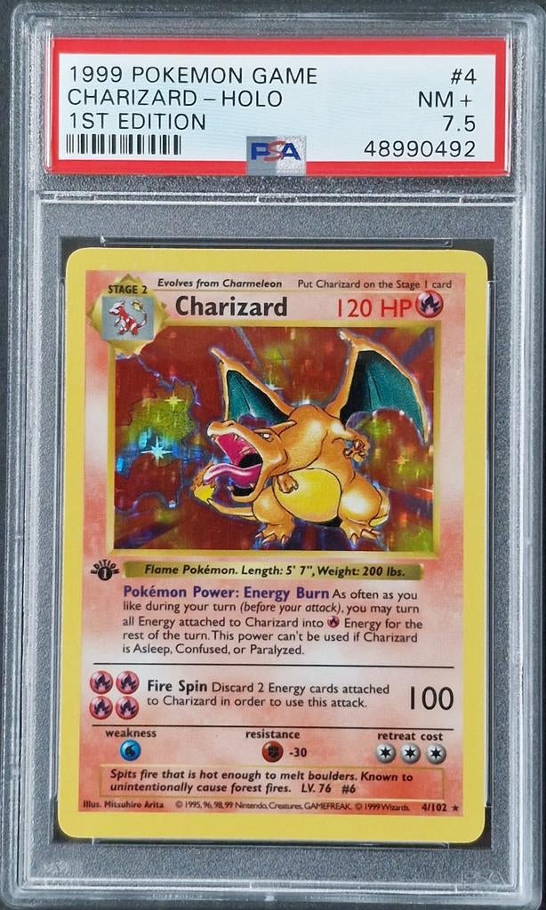 Charizard 1st Edition Psa 7,5 Base set (nieuwe holder/case), Hobby en Vrije tijd, Verzamelkaartspellen | Pokémon, Ophalen, Nieuw