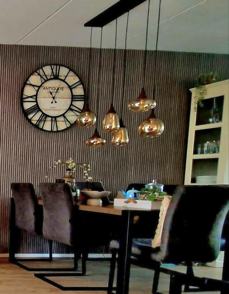 Moderne hanglamp met 6 glazen kappen - Dimbare LED, Ophalen, Zo goed als nieuw, Glas, Modern, Industrieel