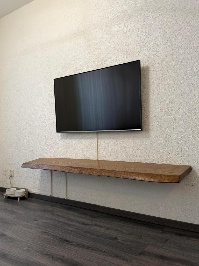 Massief eiken zwevende tv-meubel/wandplank, Ophalen, 150 tot 200 cm, Eikenhout, Zo goed als nieuw