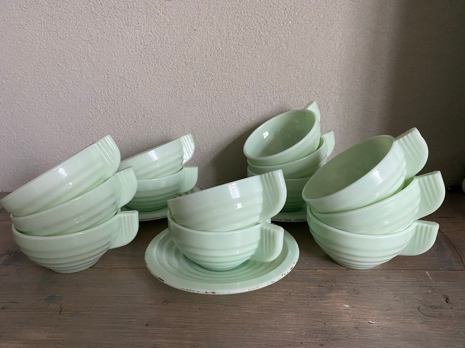 Koffie kopjes pastel groen oud artdeco stijl opaline design, Ophalen of Verzenden