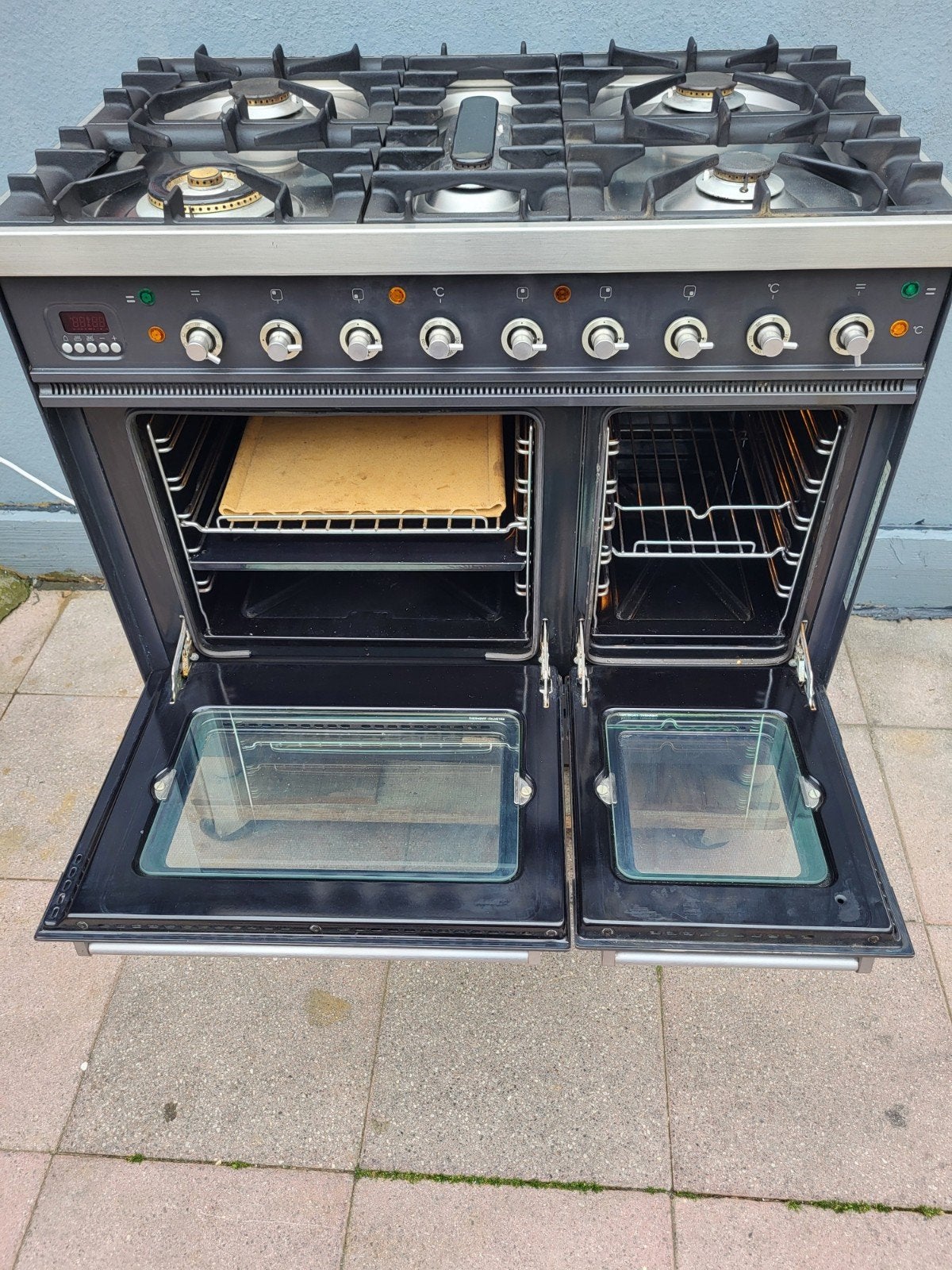 Vrijstaand gasfornuis met dubbele oven - Zwart, Witgoed en Apparatuur, Fornuizen, Gebruikt, Hete lucht, 60 cm of meer, Ophalen of Verzenden