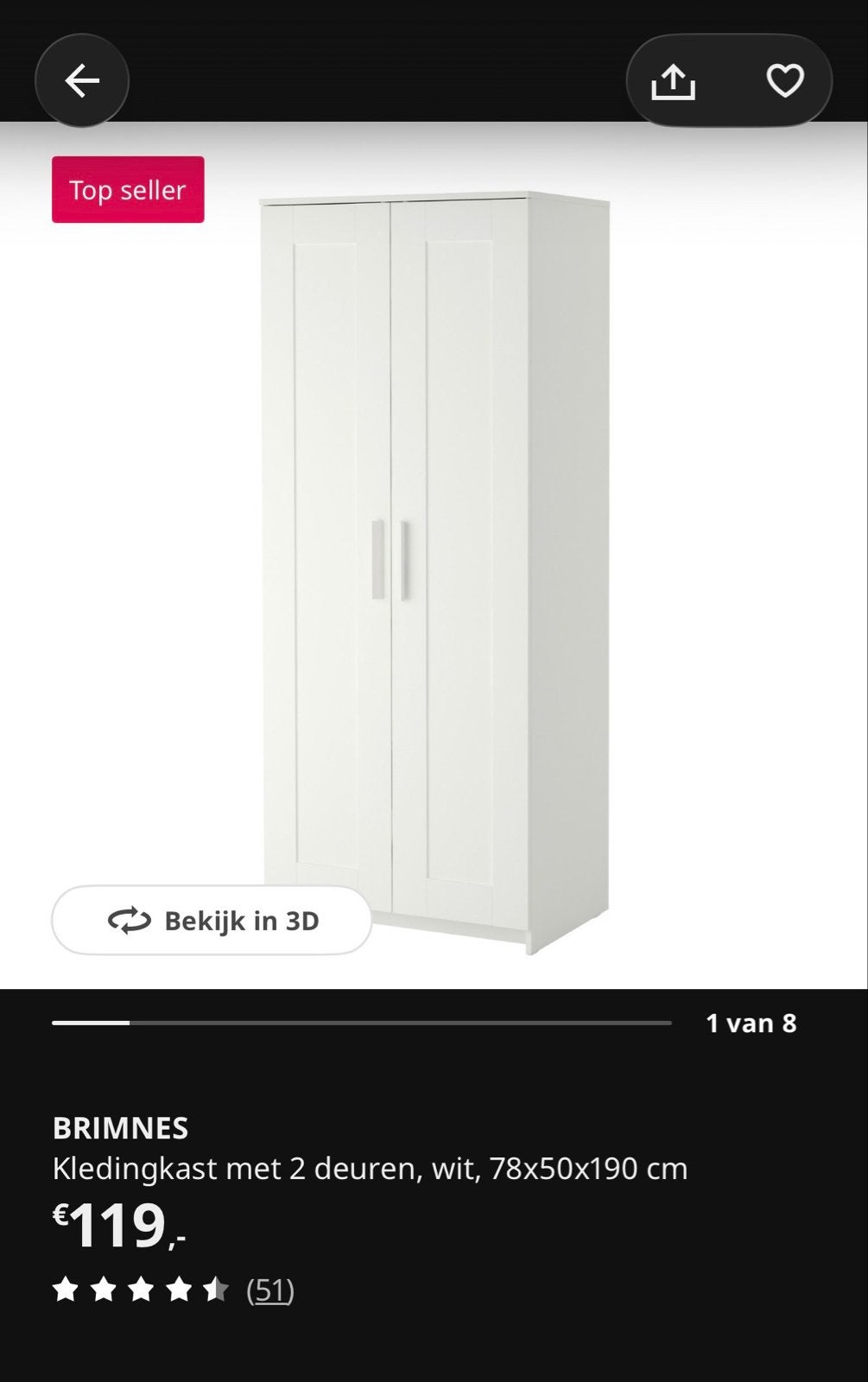IKEA BRIMNES Kledingkast wit - Zo goed als nieuw, Ophalen, Overige materialen, 50 tot 100 cm, Zo goed als nieuw