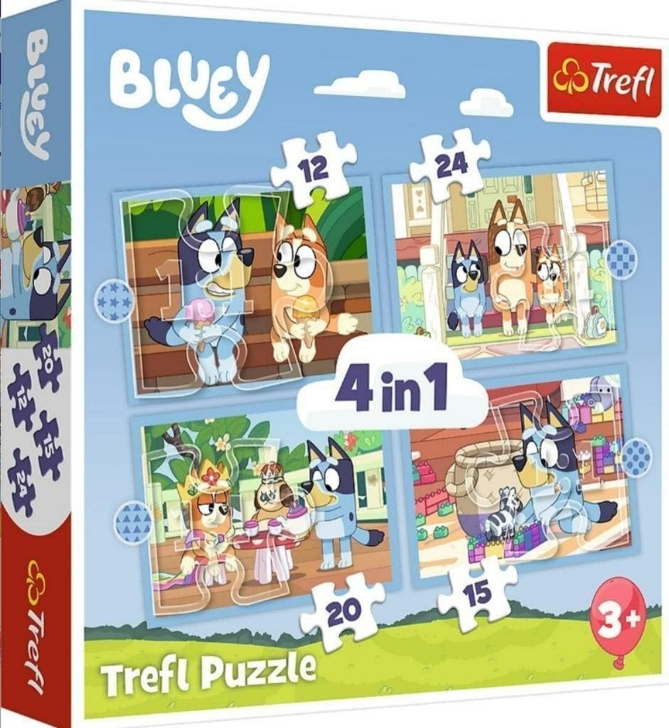 Bluey 4 in 1 Puzzel - 12/15/20/24 stukjes - Trefl Legpuzzel, 2 tot 4 jaar, 10 tot 50 stukjes, Nieuw, Ophalen of Verzenden