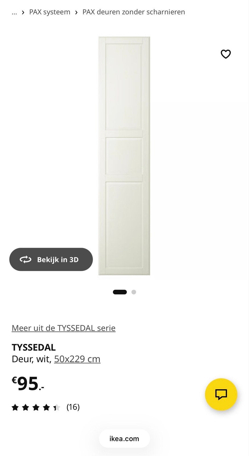 IKEA TYSSEDAL Deuren wit 50x229 cm (set van 2), Gebruikt, Minder dan 80 cm, 215 cm of meer, Binnendeur