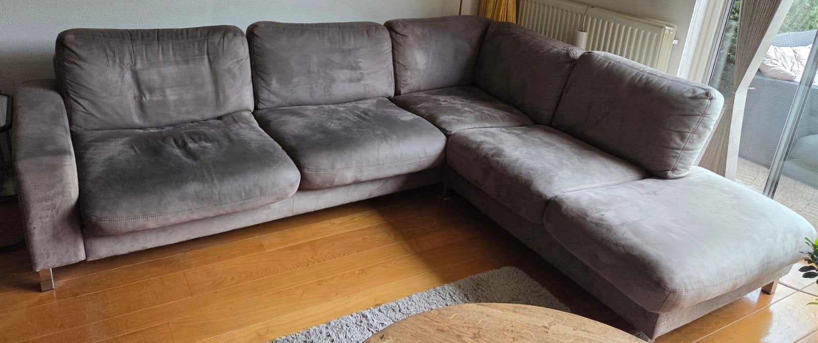 Grijze hoekbank met chaise longue, 250 tot 300 cm, Gebruikt, 100 tot 125 cm, Hoekbank