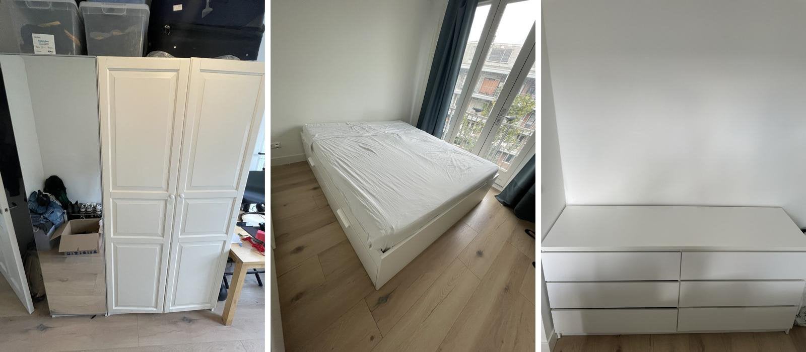 Bedroom set: bed + mattress kingsize + closet + wardrobe, Ophalen, Gebruikt, Wit, Tweepersoons