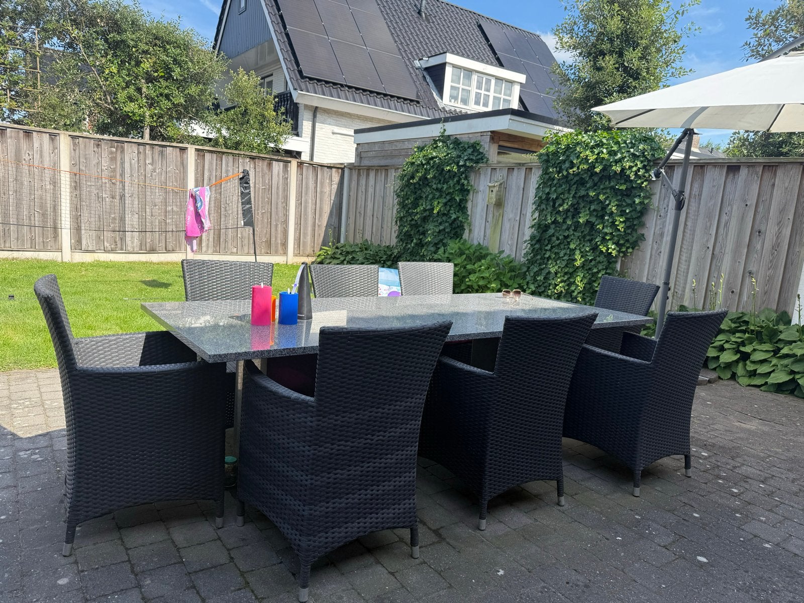 Grote granieten tuinset met 8 stoelen, Ophalen, Overige materialen, Gebruikt, Eettafel