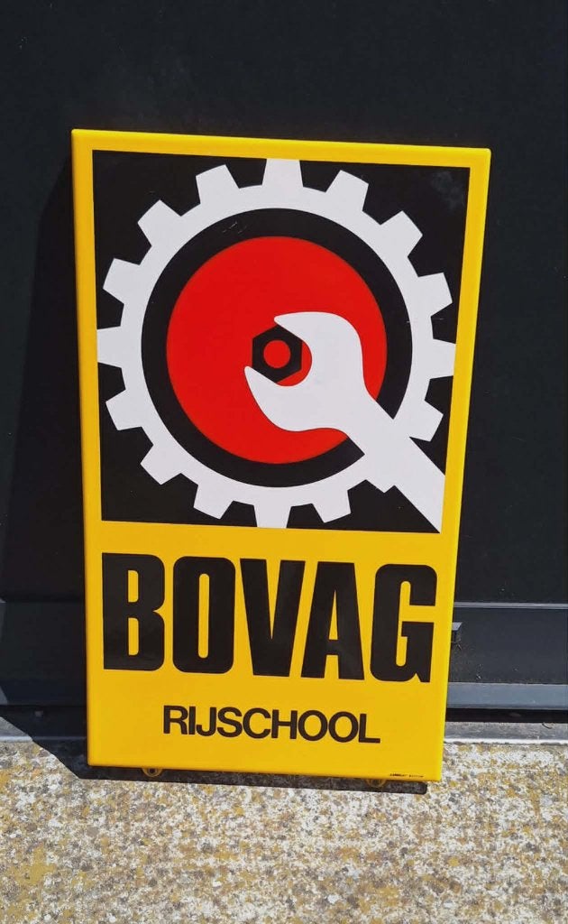 Vintage Emaille Bovag Rijschool bord, Langcat Bussum., Reclamebord, Gebruikt, ., Ophalen of Verzenden