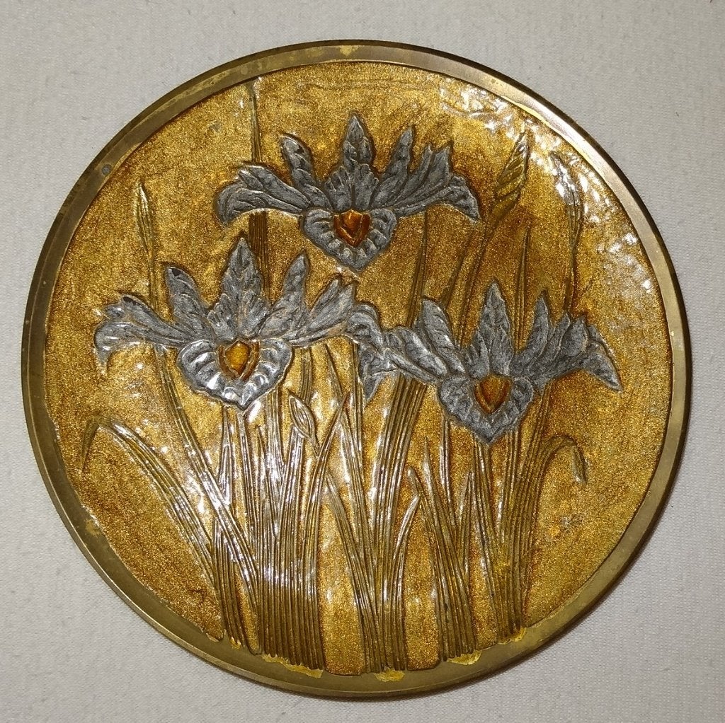 Uniek brocante wandbord schaaltje koper emaille irissen, Ophalen