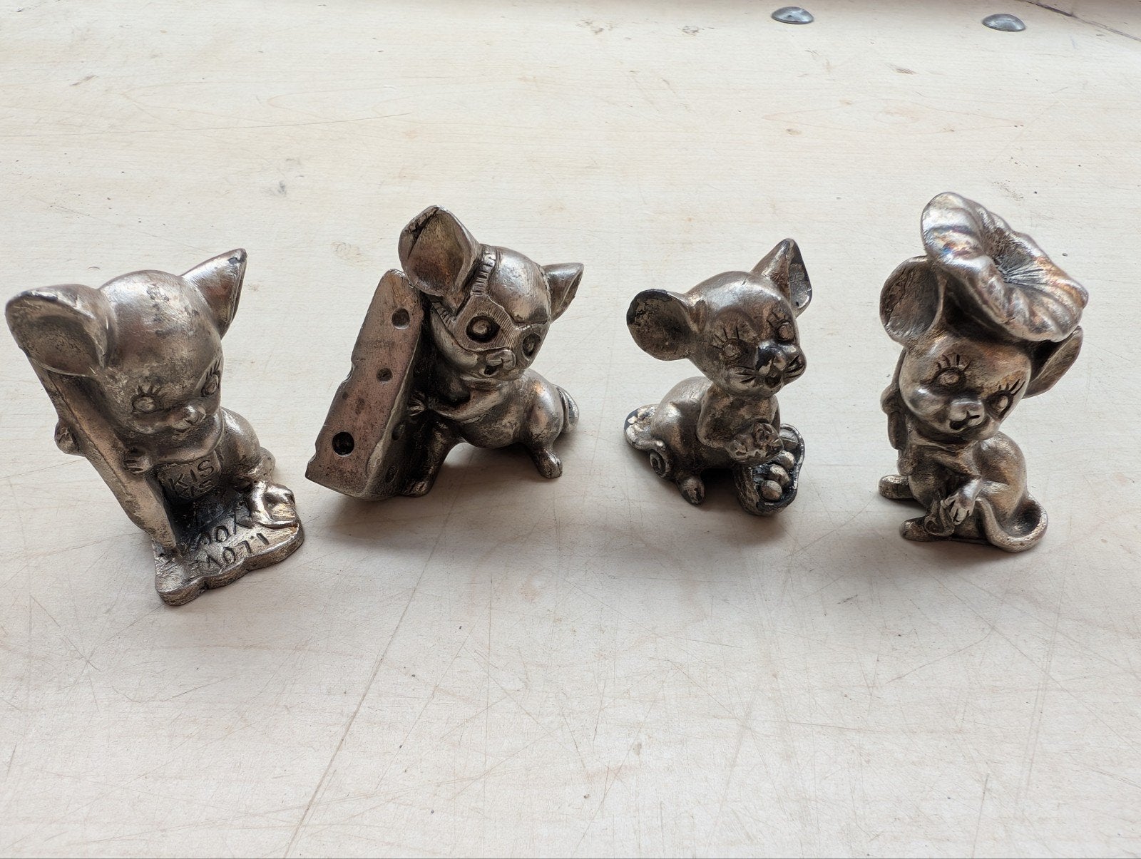 Set van 4 vintage tinnen muisbeeldjes - Peltr, Ophalen of Verzenden