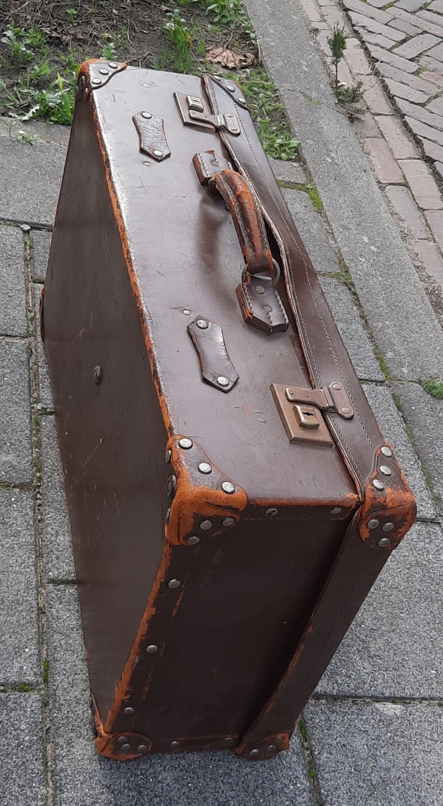 Antieke Lederen Koffer - Vintage Reiskoffer 76x43x21cm, Ophalen of Verzenden