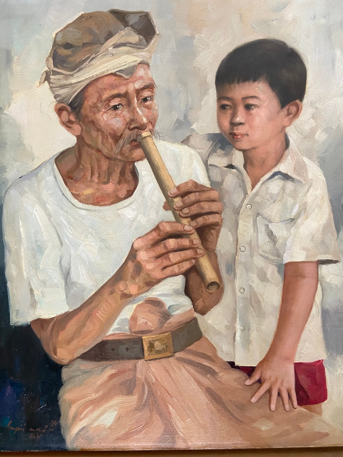 Balinese fluitspeler met jongen., Ophalen, Doek, Portret of Personen, Impressionistisch