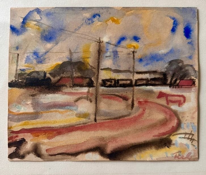 Aquarel: Quirijn van Tiel,  Landschapje, Ca.1960, Verzenden, Expressionistisch, Aquarel, Gesigneerd