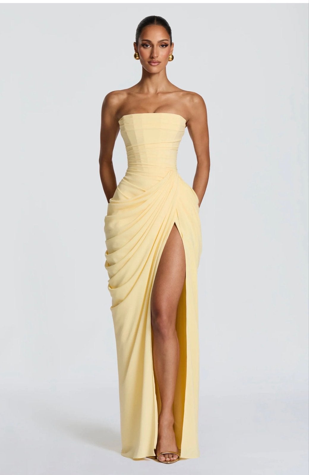 Elegante Gele Strapless Maxi Jurk met Split, Geel, Nieuw, Ophalen of Verzenden, Maat 36 (S)