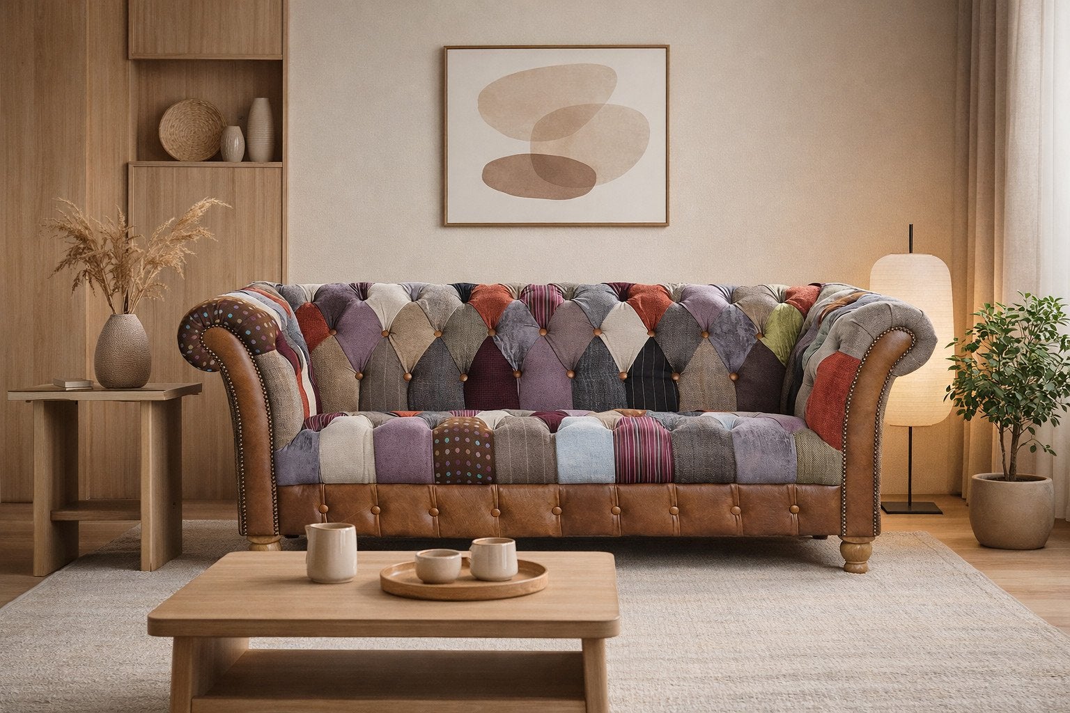 MULTICOLOR PATCHWORK CHESTERFIELD 3 ZITS HENSFORD Tweed stof, Ophalen of Verzenden, Nieuw, 75 tot 100 cm, Stof