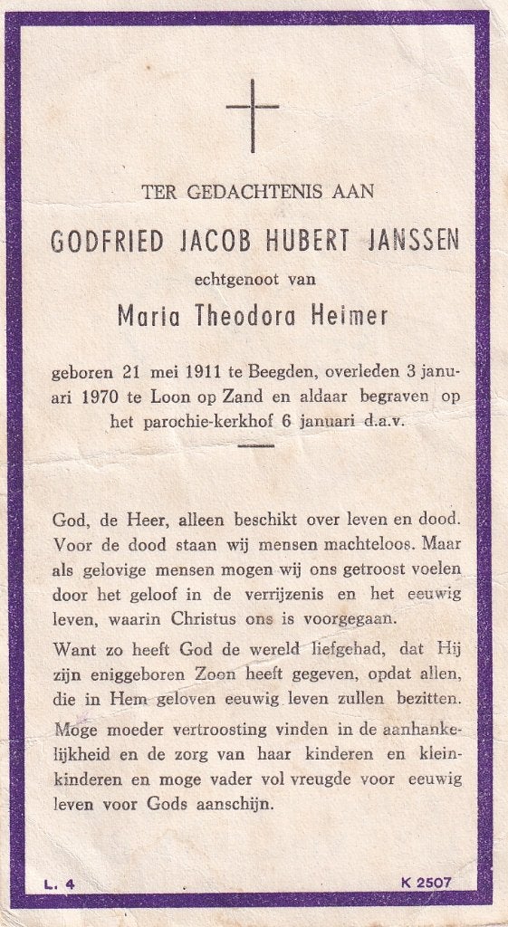 Janssen Godfried 1911 Beegden 1970 Loon op Zand, Ophalen of Verzenden, Bidprentje