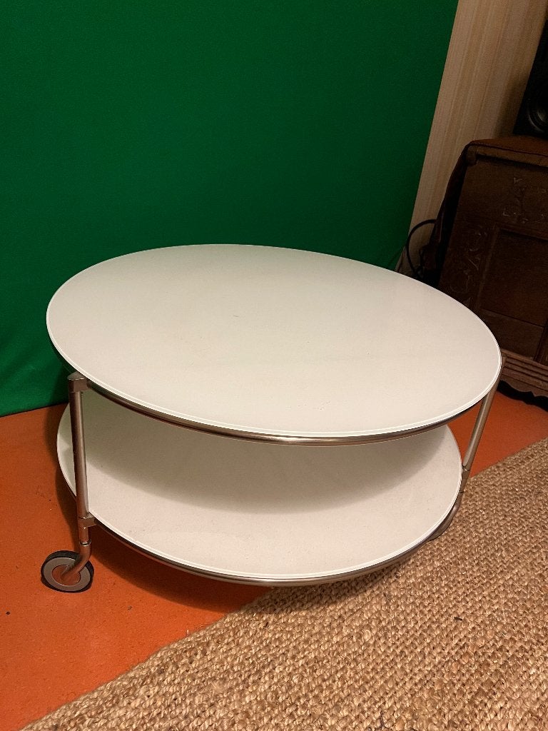 Witte ronde salontafel met twee niveaus en wieltjes, Ophalen, 50 tot 100 cm, Rond, 50 tot 100 cm