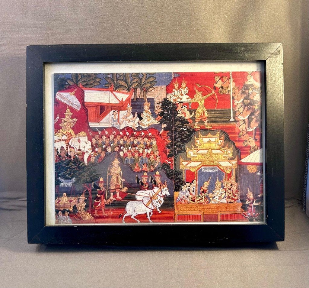 Set 2x Vintage Thaise Boeddha Prints - Mara & Vessantara, Minder dan 50 cm, Gebruikt, Ophalen of Verzenden, Print