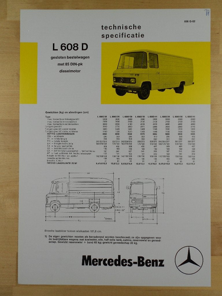 Mercedes 608 D Technische Specificatie Brochure 1977 BG 608D, Zo goed als nieuw, Mercedes-Benz, Mercedes, Ophalen of Verzenden