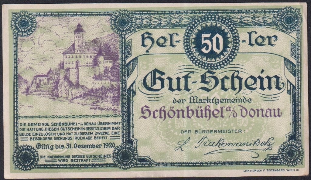 Setje van 3 Oostenrijkse Noodgeldbiljetten Schönbühel 1920, Postzegels en Munten, Verzenden, Setje