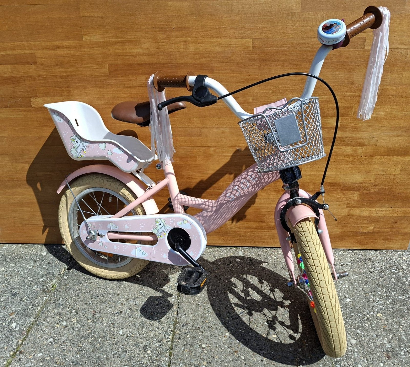 Sjoef kinderfiets 14 inch met zijwieltjes en mandje, Ophalen, Zijwieltjes, Velgrem, Sjoef