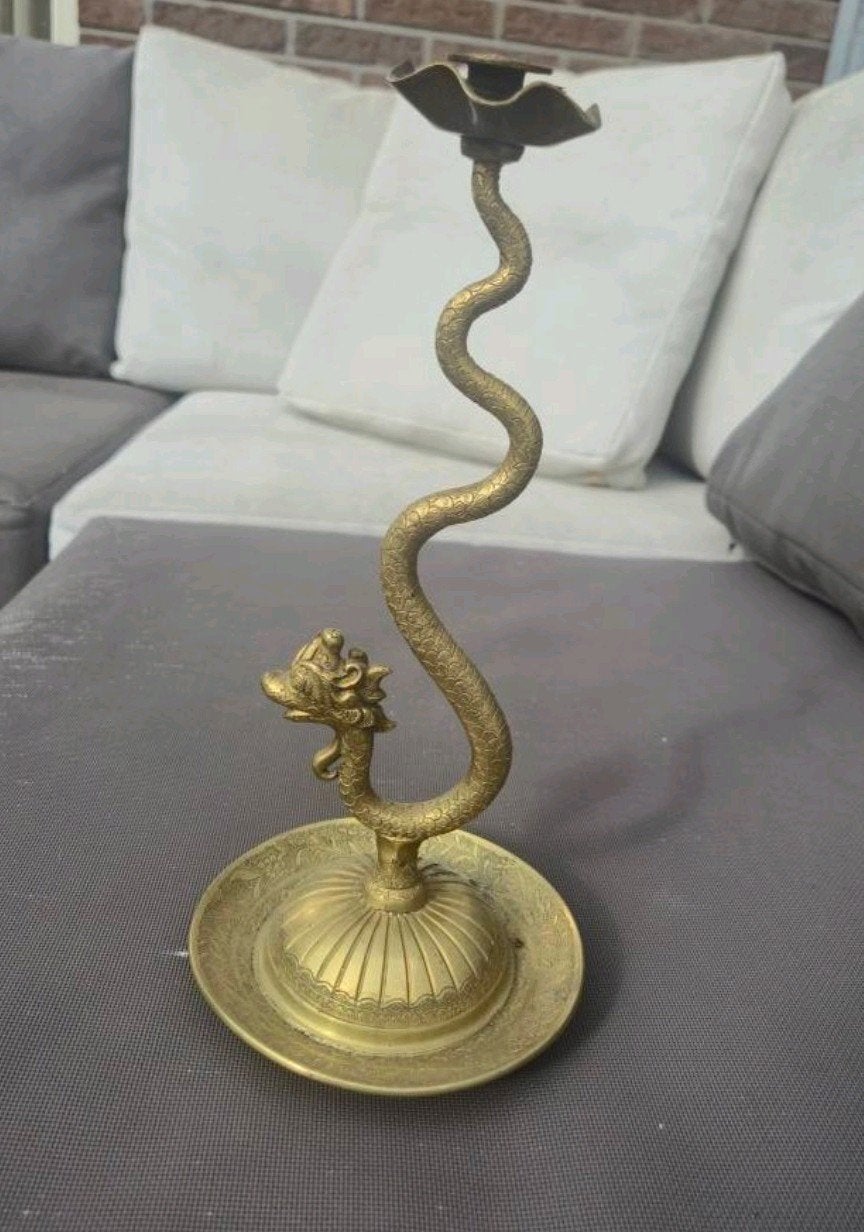 Antieke Koperen Draak Kandelaar, Antiek en Kunst, Ophalen of Verzenden