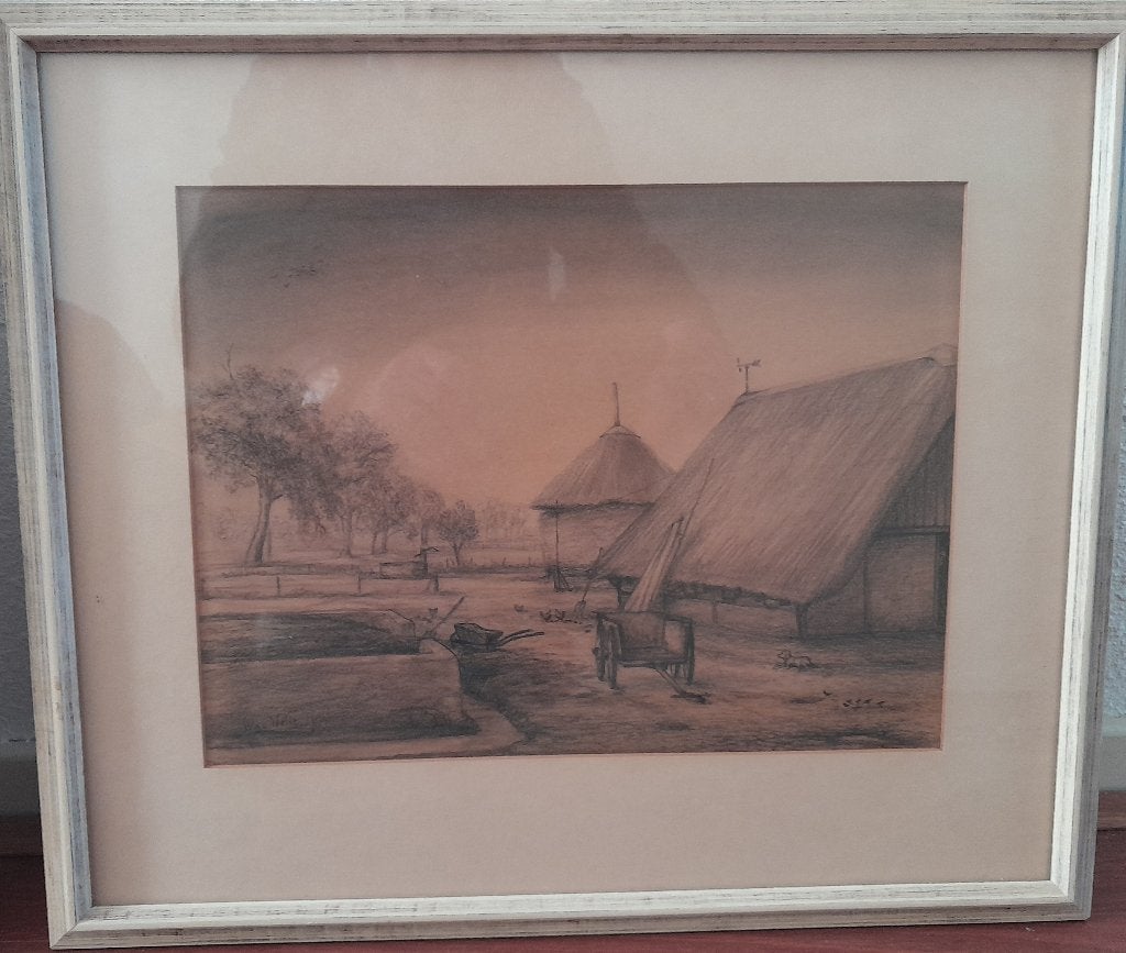 Boerderijtje, tekening bruin krijt, inclusief lijst, Ophalen, Minder dan 50 cm, Gebruikt, Tekening