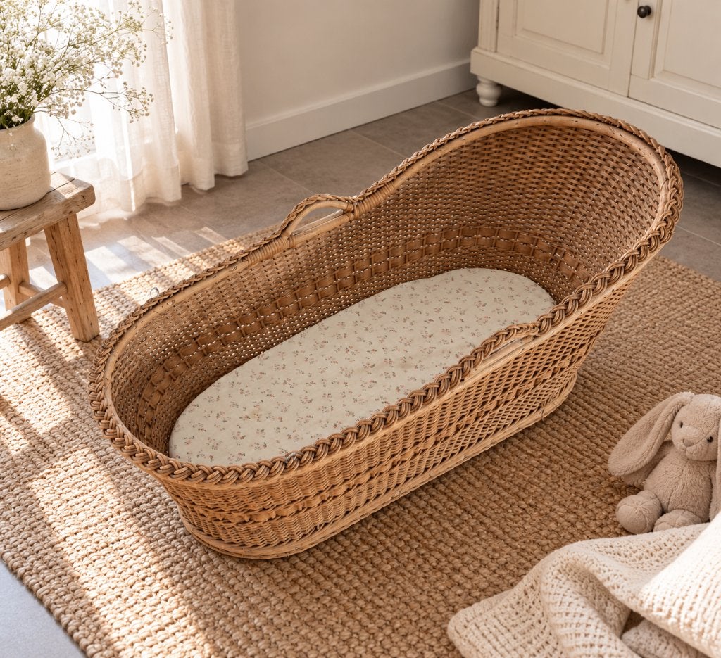 rotan babywieg rieten draagwieg met matras reiswieg vintage, Ophalen, Gebruikt, Wieg