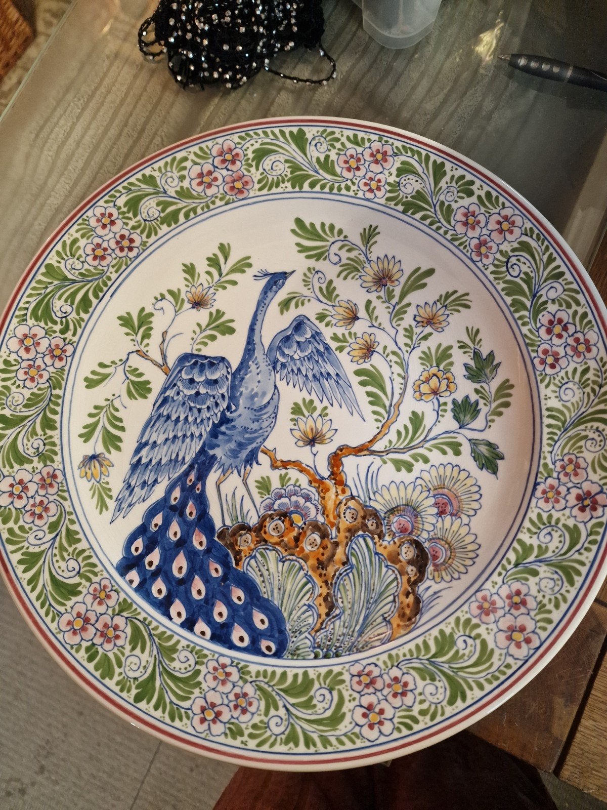 Groot decoratief bord met pauw, 34 cm, Delft, Ophalen