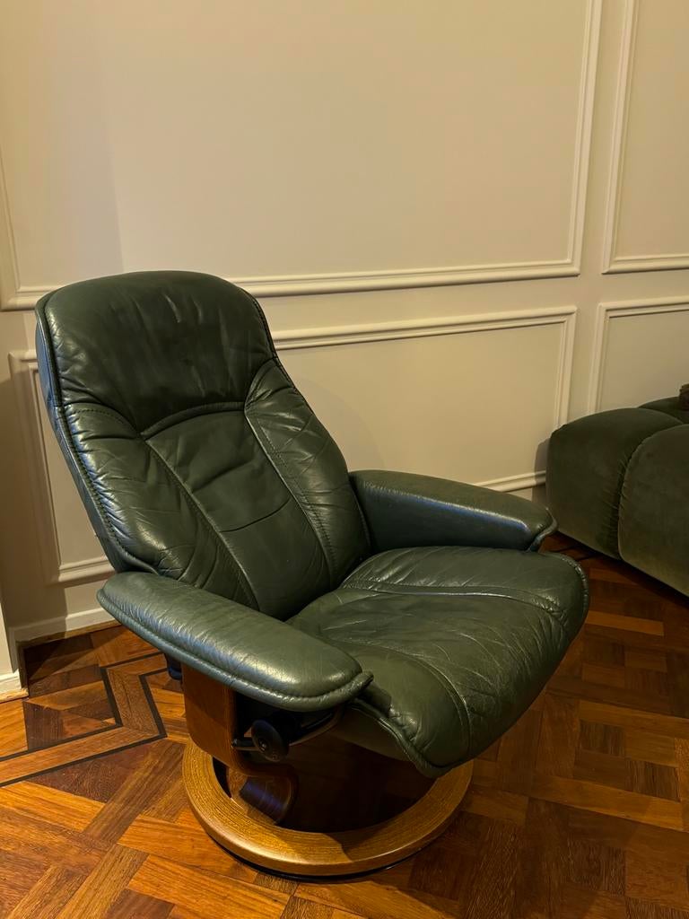 Ekornes stressless groene leren relaxfauteuil, Ophalen, Gebruikt, Leer, 75 tot 100 cm